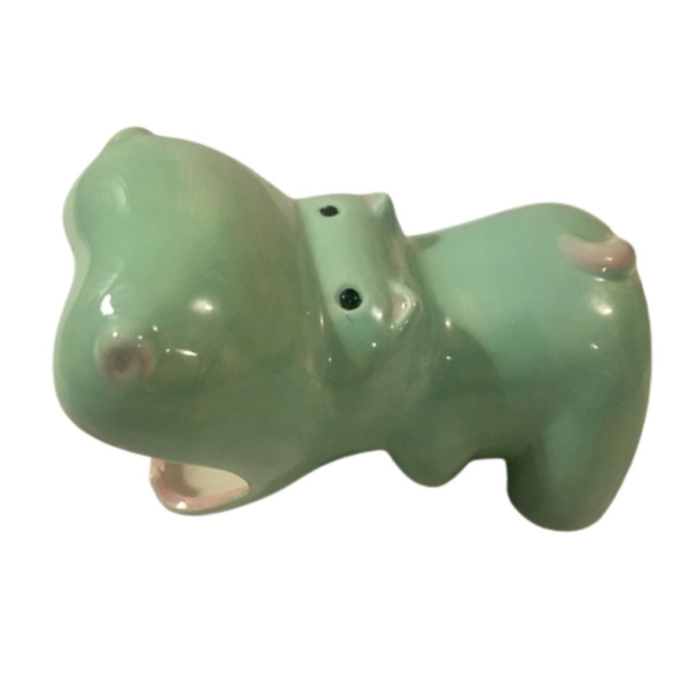 Handmade Art Pottery Ceramic Hippo Aqua Pink Flower Vase Pencil Holder
